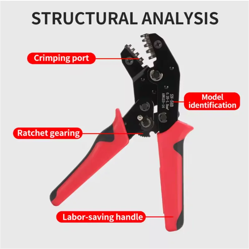 Ratchet Crimping Tool SN-58B Crimp Pliers XH2.54/DuPont2.54/2.8/4.8/6.3/uninsulated/ferrule JST terminals 0.5-1.5mm ²/ AWG23-16