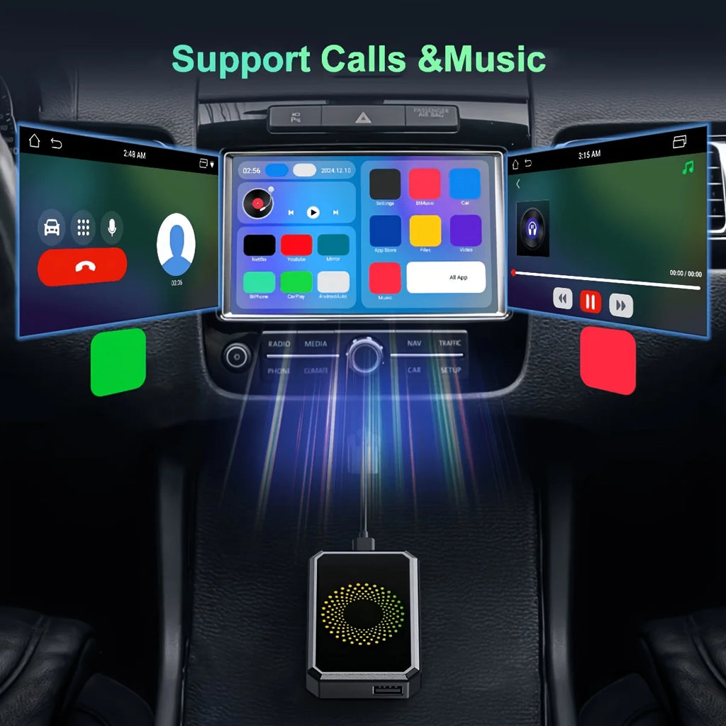 The 3-in-1 Magic Media Box Supports Netflix ,YouTube Streaming. It Comes With a Wireless CarPlay Adapter And a USB Port, And is Compatible With Vehicles Equipped With Factory-installed Wired Apple CarPlay and Android Auto Sys