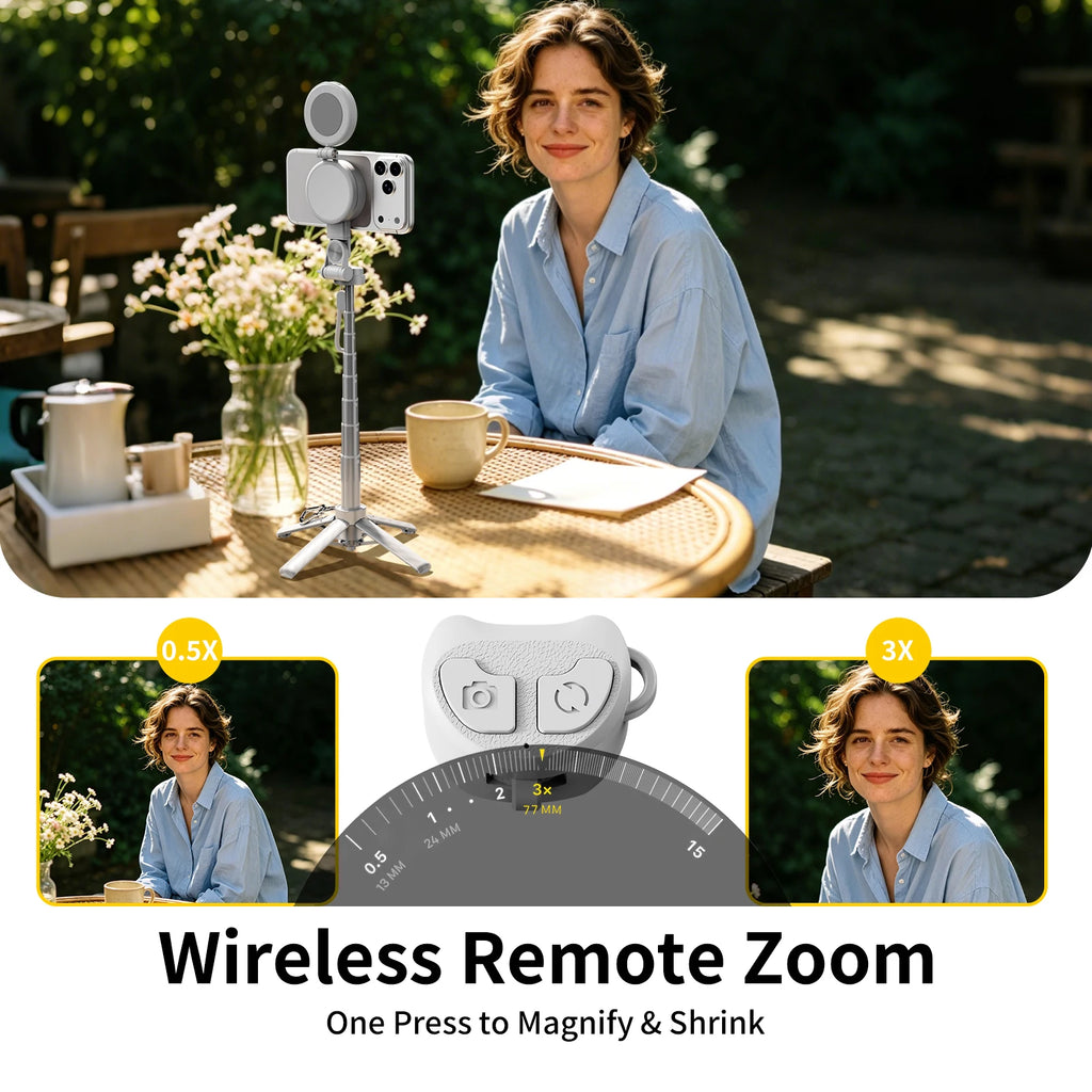 Portable Dual-Sided Magnetic Selfie Stick 25.78‘’Extendable Tripod Phone Stand with Wireless Remote Zoom for Live Streaming Vlog