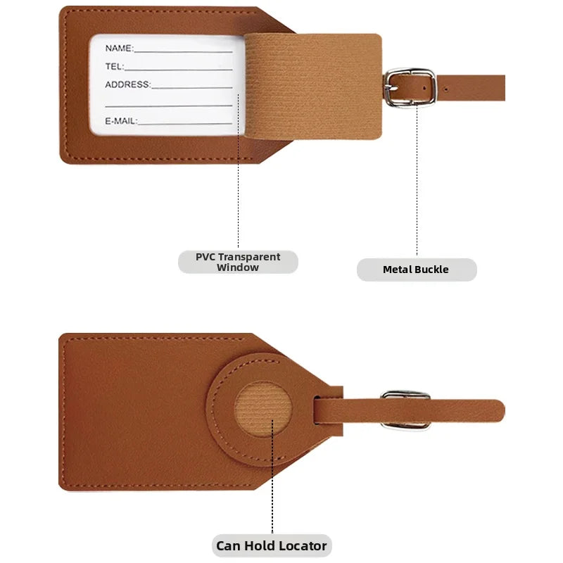 PU Leather Luggage Tag with Tracker Holder Privacy Flap ID Card Window Adjustable Buckle Travel Suitcase Name Label Accessories