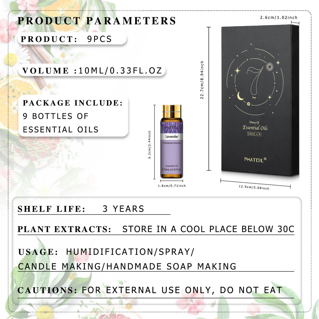 PHATOIL 1/9PCS Essential Oils Gift Set-10ml Pure Essential Oil For Diffuser Aromatherapy Candle Making Lavender Vanilla Oils