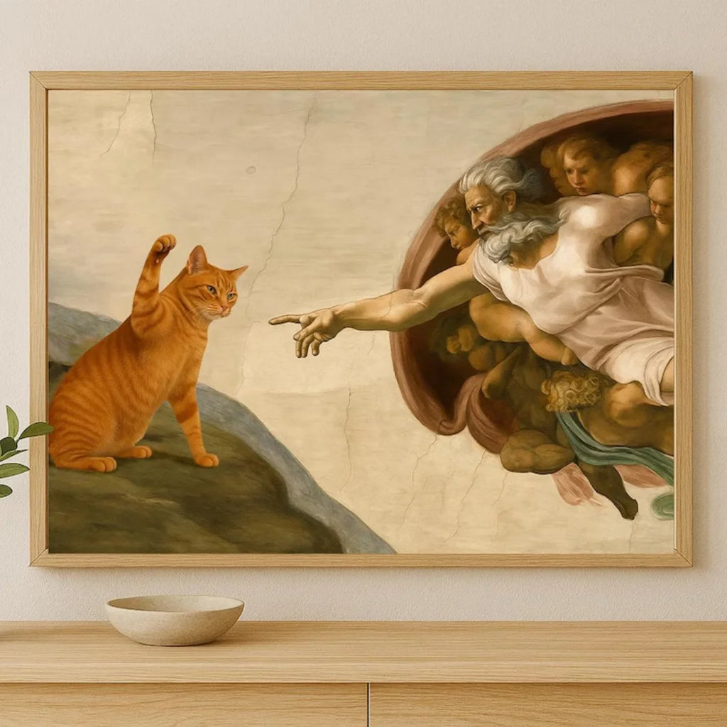 "Whimsical 'Creation of Adam' with Orange Cat Wall Print Decor - Classic Art Parody Poster for Eclectic Living Room, Quirky
