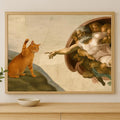"Whimsical 'Creation of Adam' with Orange Cat Wall Print Decor - Classic Art Parody Poster for Eclectic Living Room, Quirky