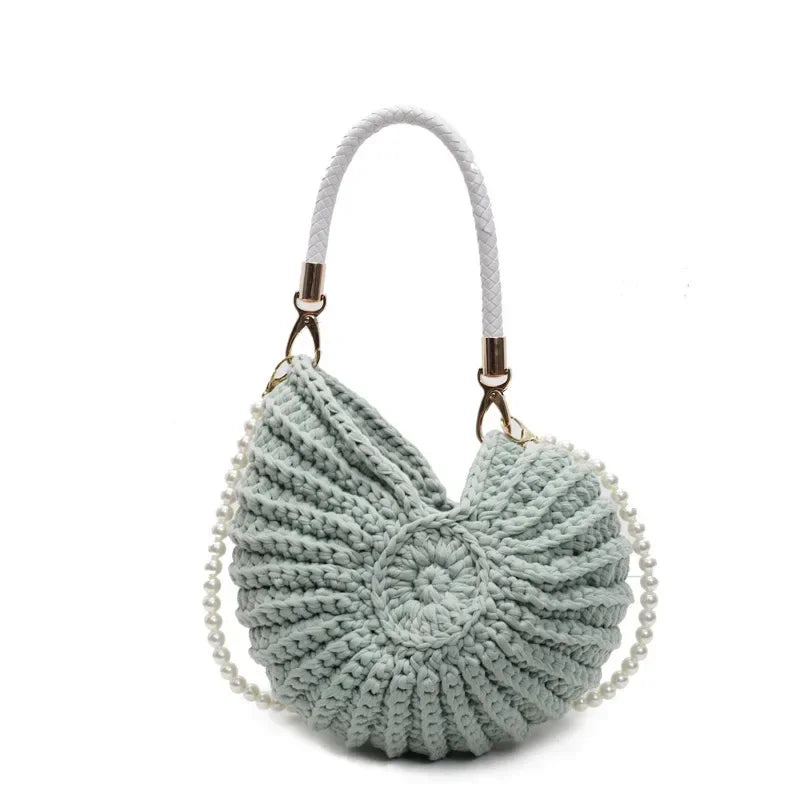 Creative Candy Color Conch Bag For Women Crochet Shoulder Bags Funny Cute Pearls Chains Handmade Weave Crossbody Hobo Shell Bag