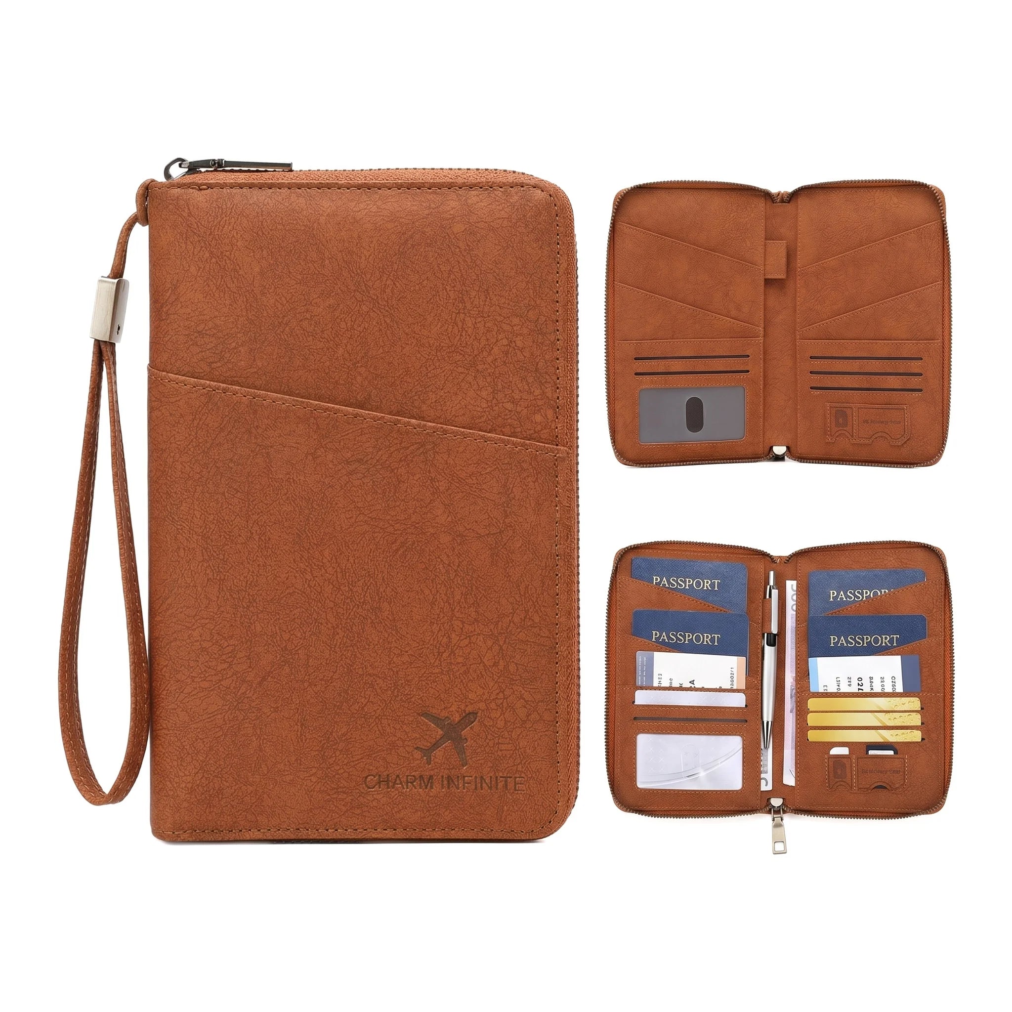 Multi-Functional RFID Blocking Passport Wallet Zipper Travel Document Holder Wrist Strap Multi Passports Card Ticket Organizer