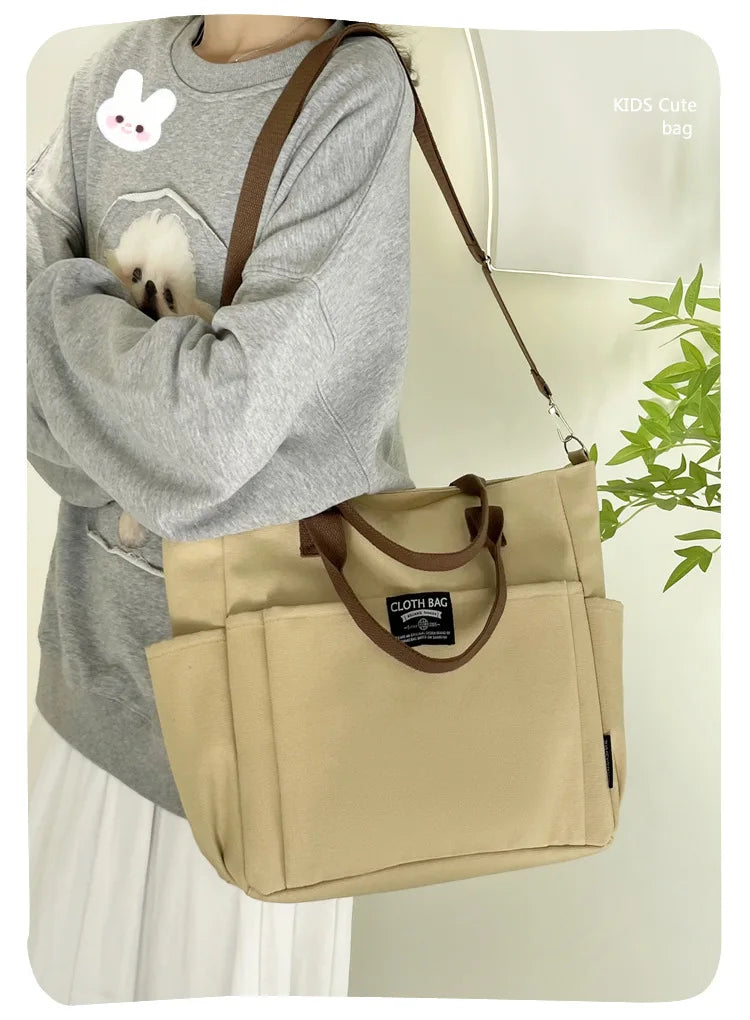 Urban Minimalist Female Student Large Capacity Commuting Horizontal Canvas Single Shoulder Diagonal Cross Portable Tote Bag