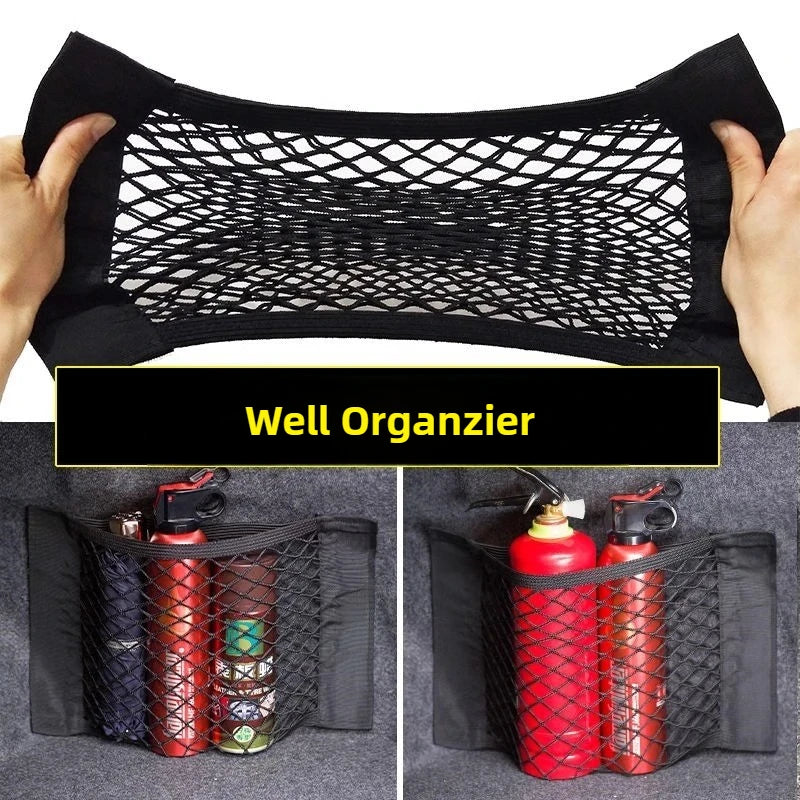 Car Trunk Storage Mesh Pocket Hook Loop Net Bag Organizer Tail Seat Back Pocket Universal Auto Magic Tape Interior Accessories