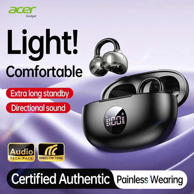 Acer OHR577 Ear Clip Wireless Earbuds Bluetooth 5.4, Directional Sound, 20H Standby, Lightweight 4.2g, LED Display, ENC Call