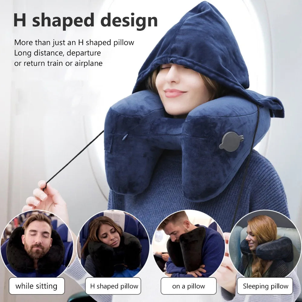 Durable Detachable Inflatable Travel Pillow Quick Fill Compact H-Shaped Travel Pillow Washable Airplane Pillow Car Travel