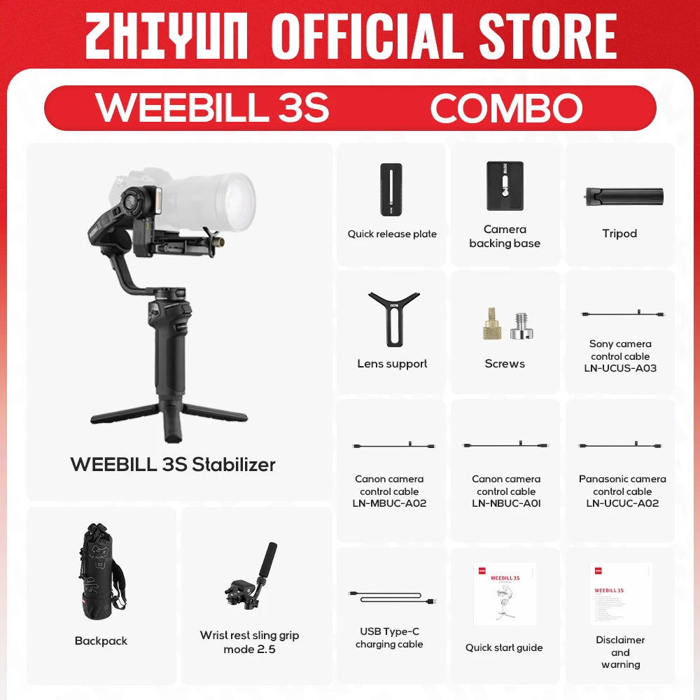 ZHIYUN Official WEEBILL 3S Handheld Camera Stabilizer 3-Axis Gimbal Bluetooth Shutter Gimbals for DSLR Mirrorless Cameras
