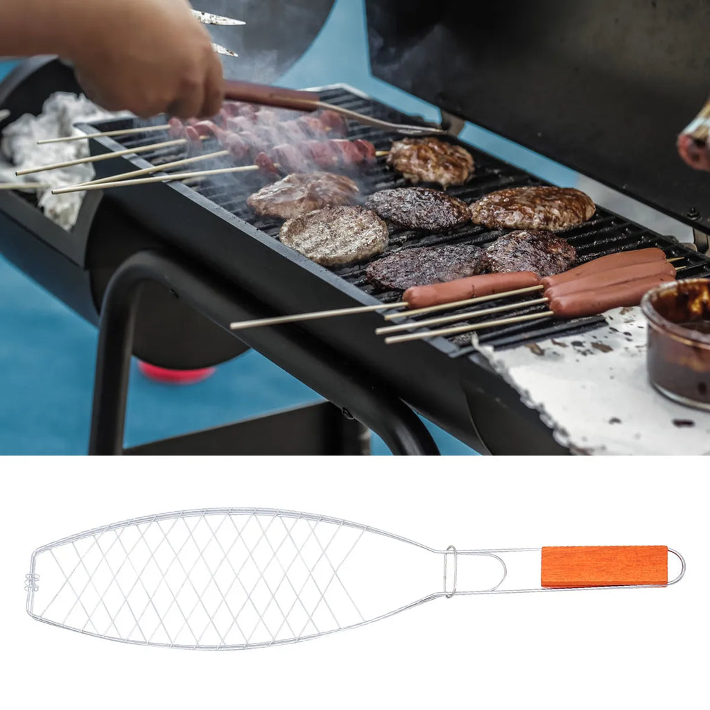 2Pcs Barbecue Grill Net Clip Iron Mesh Nonstick Wooden Handle Outdoor Bbq Tool Fish Grill Basket for Camping Picnic
