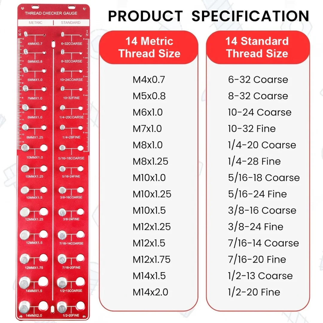 Thread Checker – Rustproof Nut and Bolt Identifier Gauge with SUS304 Bolts & 6061 Aluminum Base – for Metric & Standard Thread