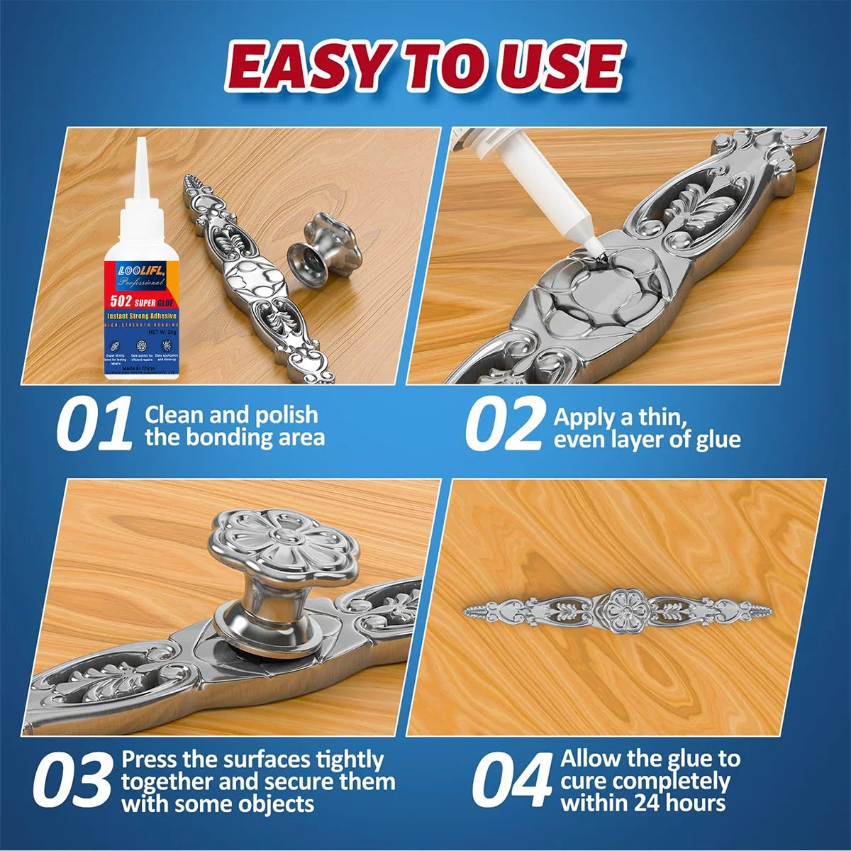 Loolifl,502, Super Glue, Instant Adhesive, Universal Glue, Suitable for Metal, Ceramics, Wood, Glass (Comes with Glue Remover)