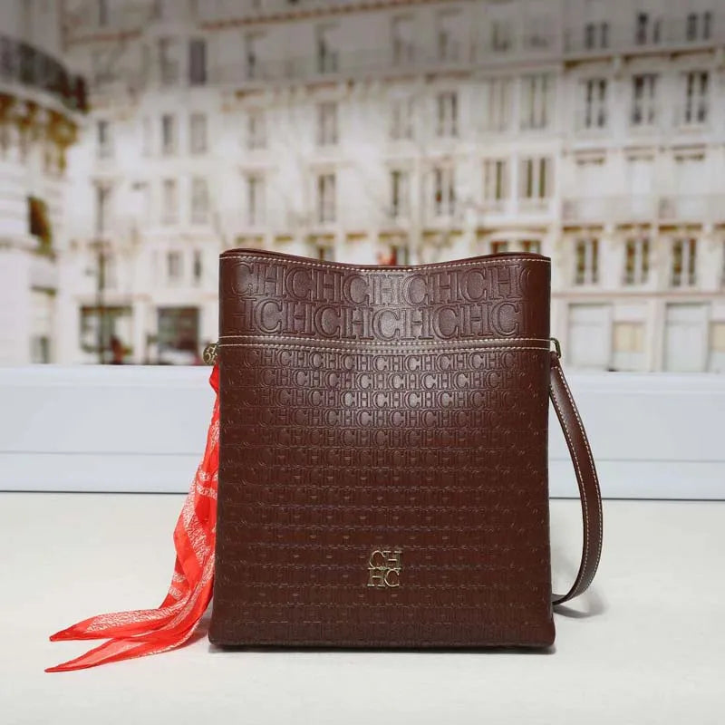 CH Bucket Bag Women Luxury Crossbody Bag Large Capacity Leather Shoulder Handbag With Silk Scarf Vintage Daily Commute Handbags
