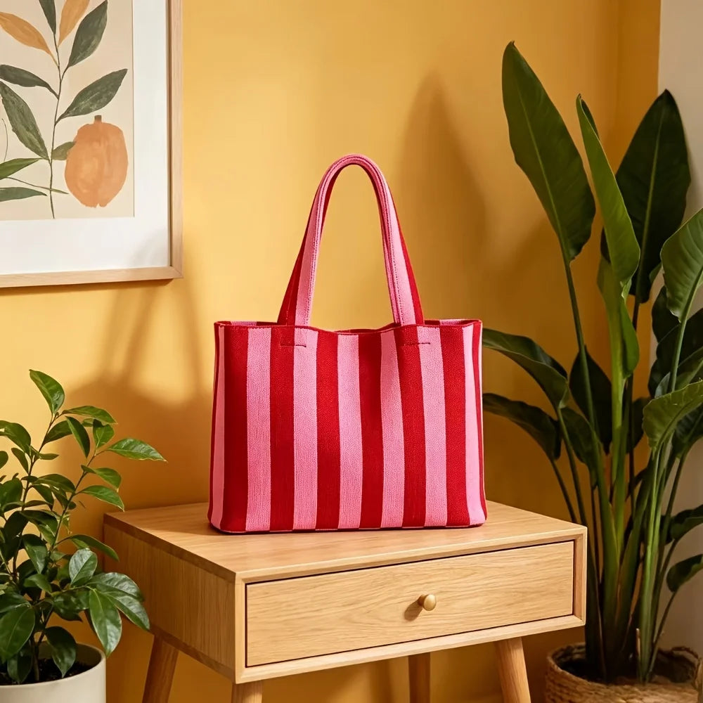 2026 New Bohemian Style Knitted Striped Woven Bag Large Capacity Yarn Handheld Tote Bag