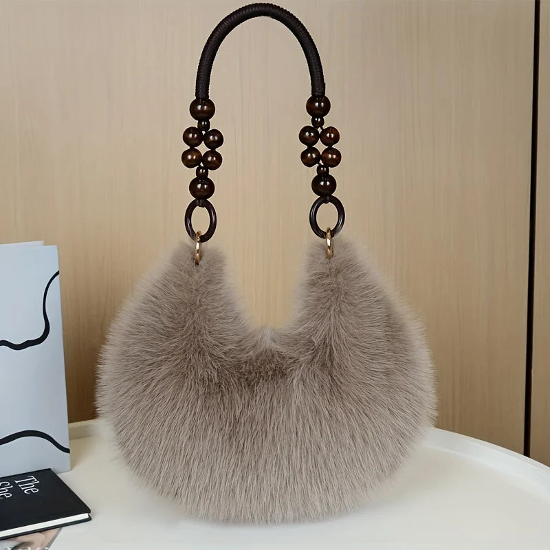 Elegant Plush Tote & Crossbody Bag with Beaded Strap. Zipper Closure, Multiple Colors. Perfect for Daily & Special Events.