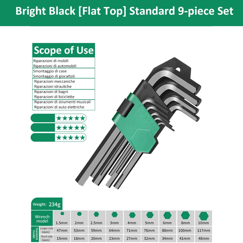 9Pcs Hex Wrench Set L Type Allen Key Set 1.5-10MM Hexagon Flat Ball Torx Star Head Spanner Screwdriver Set Household Hand Tools