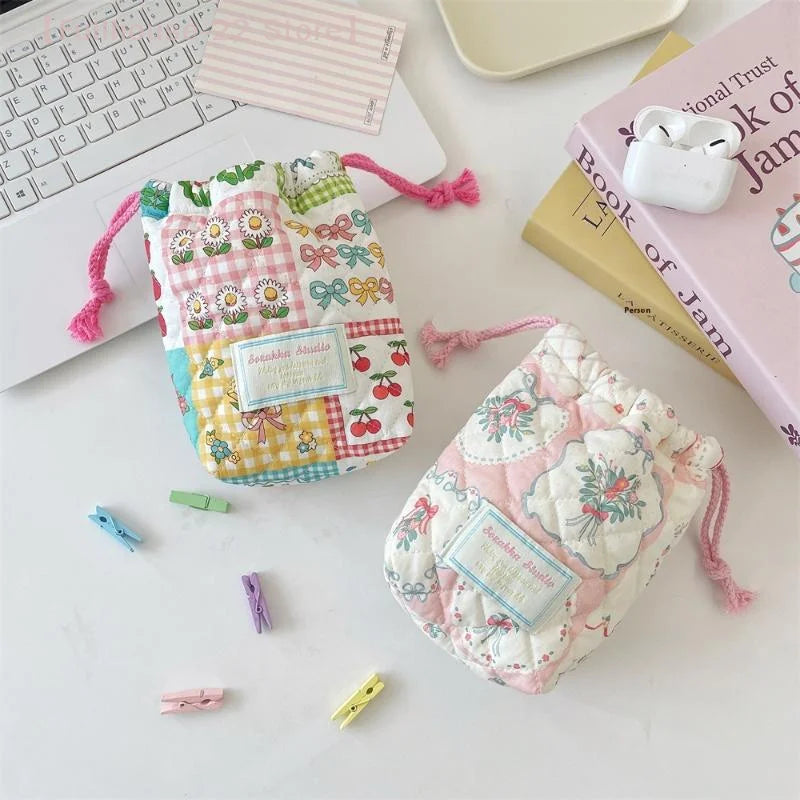 【MAX-22】Floral Storage Bag Drawstring Drawstring Pocket Soft Cotton Anti Fall Cosmetic Bag Sundry Storage Camera Bag