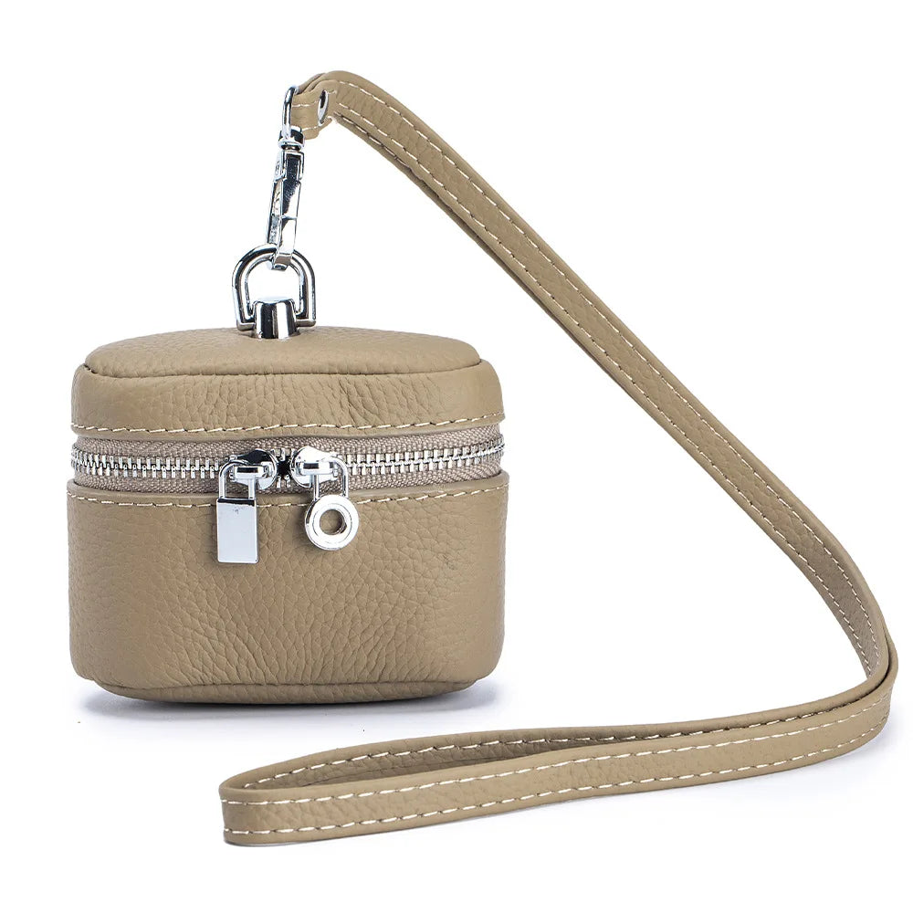 Top-Grain Leather Mini Coin Purse Ins Style - Portable Neck-Hanging Lipstick Makeup Bag & Real Leather Earphone Pouch for Wome