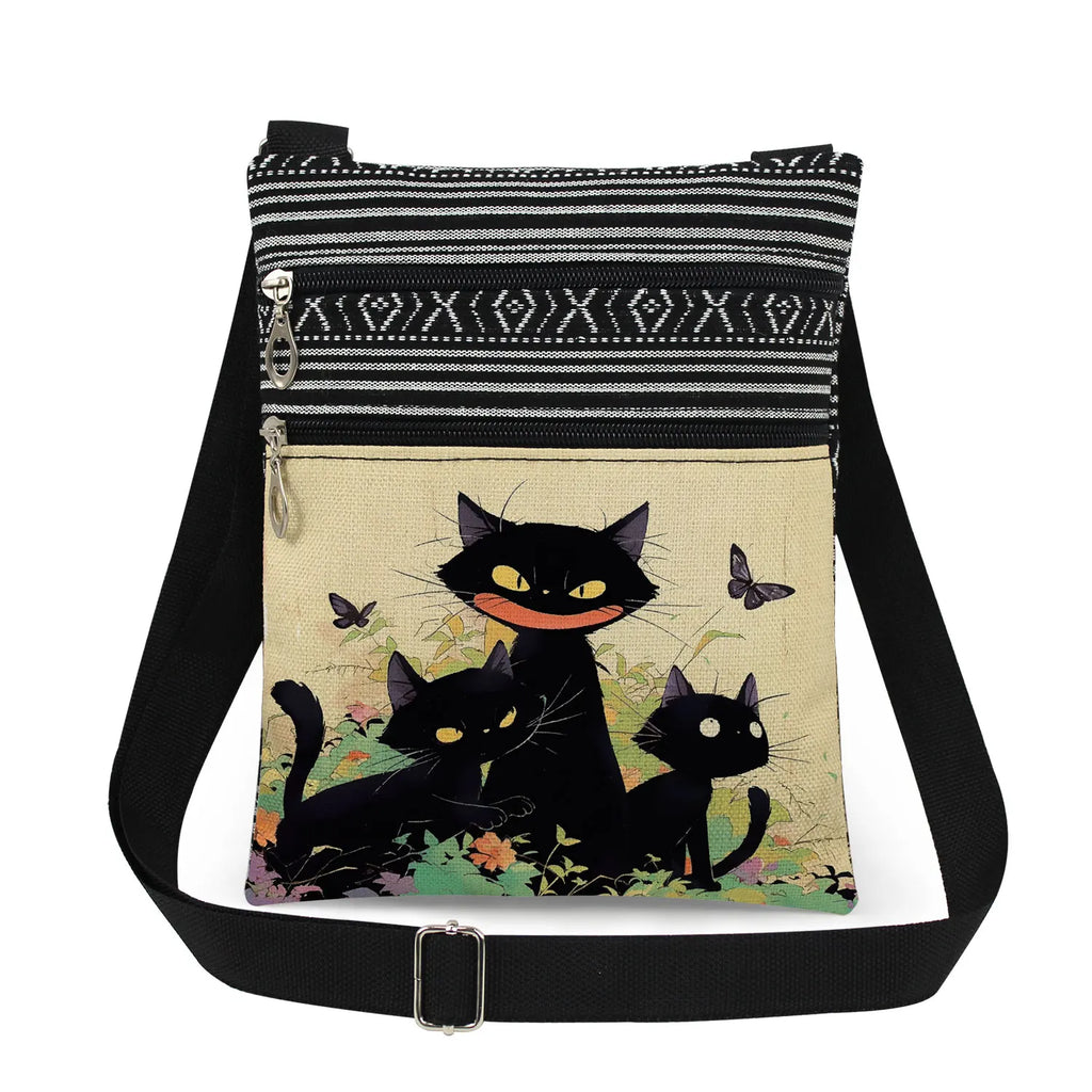 Cute Cartoon Black Cat Print Crossbody Bags Shoulder Bags For Women Daily Travel Portable Small Messenger Bags Catkeeper Gift