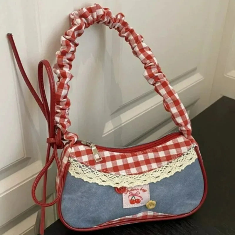 Y2K Grid Bowknot Underarm Bag Women Lace Shoulder Bag Korean Style Aesthetic Handbag Large Capacity Crossbody Bag Fashion Cute