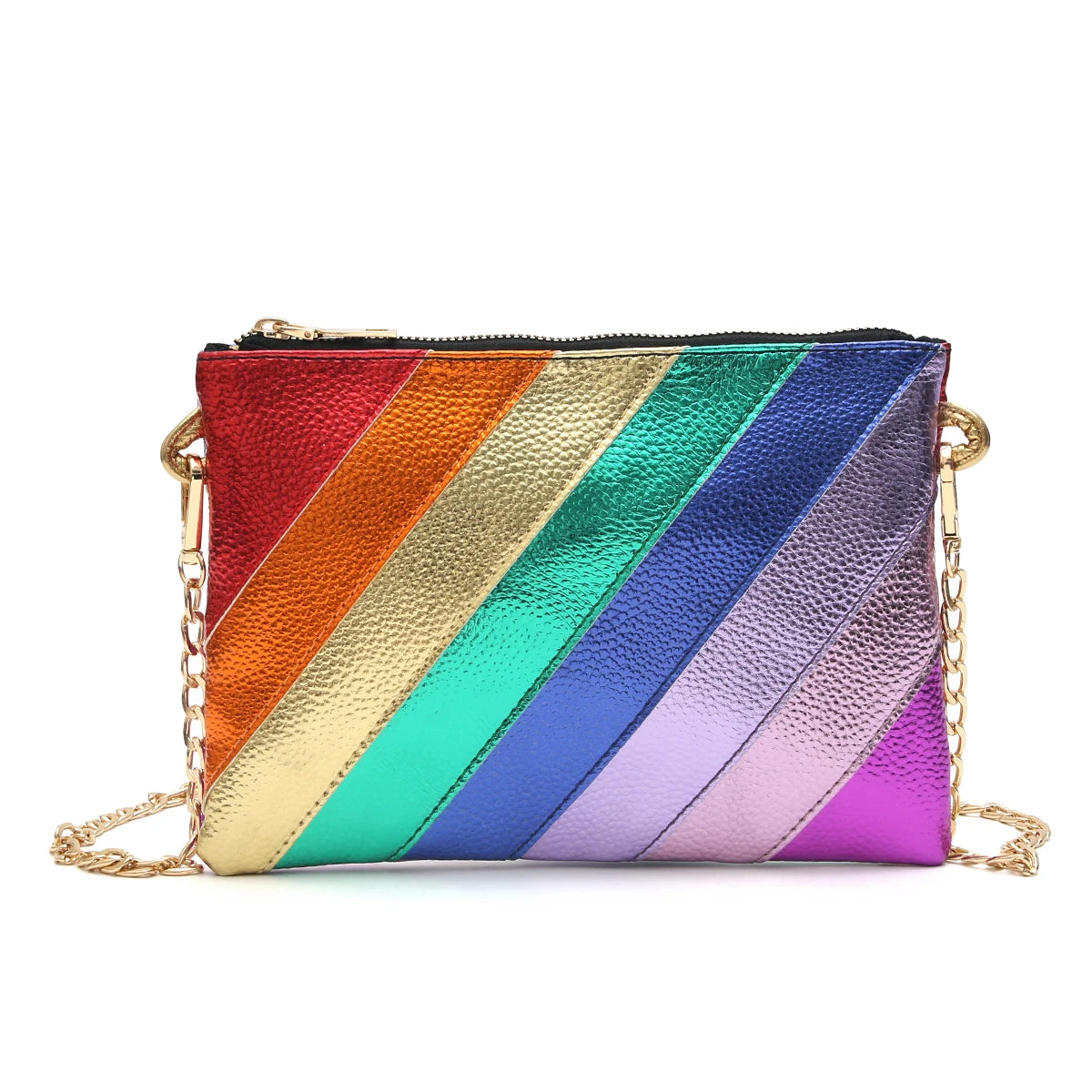 Luxury Funky Metallic Color Stripes PU Leather Handbag Women's Square Clutch Metal Chain Cross body Purse Fashion Y2K Party Prom