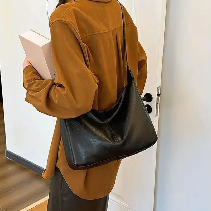 PU Leather Commuter Fashion Vintage Casual Tote Bag Maillard Stylish Crossbody Bags for Women Texture Large Capacity Temperament