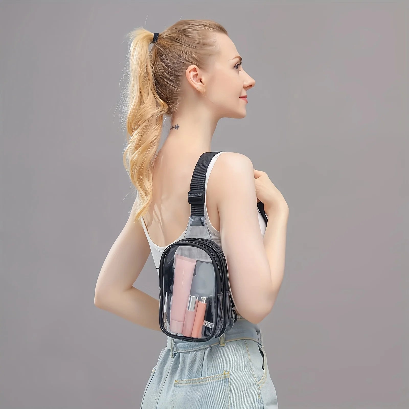 Clear Sling Bag, Clear Fanny Pack Stadium Approved Crossbody Bag Purses for Women Heavy Duty Transparent Chest Bag with Adjustab