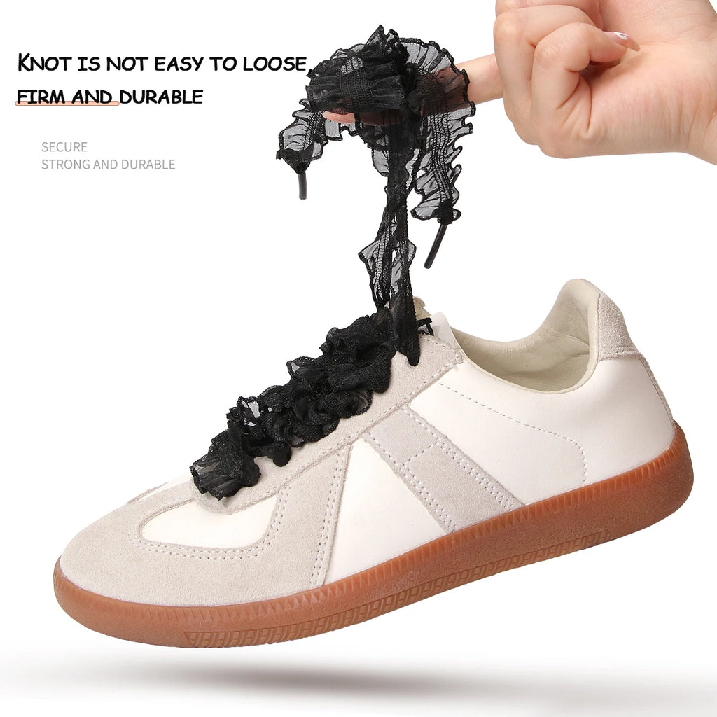 1 pairs Elastic Lace Shoelaces with Ruffled Trim - Fairy wind shoelaces with wooden ear edge（white/black）