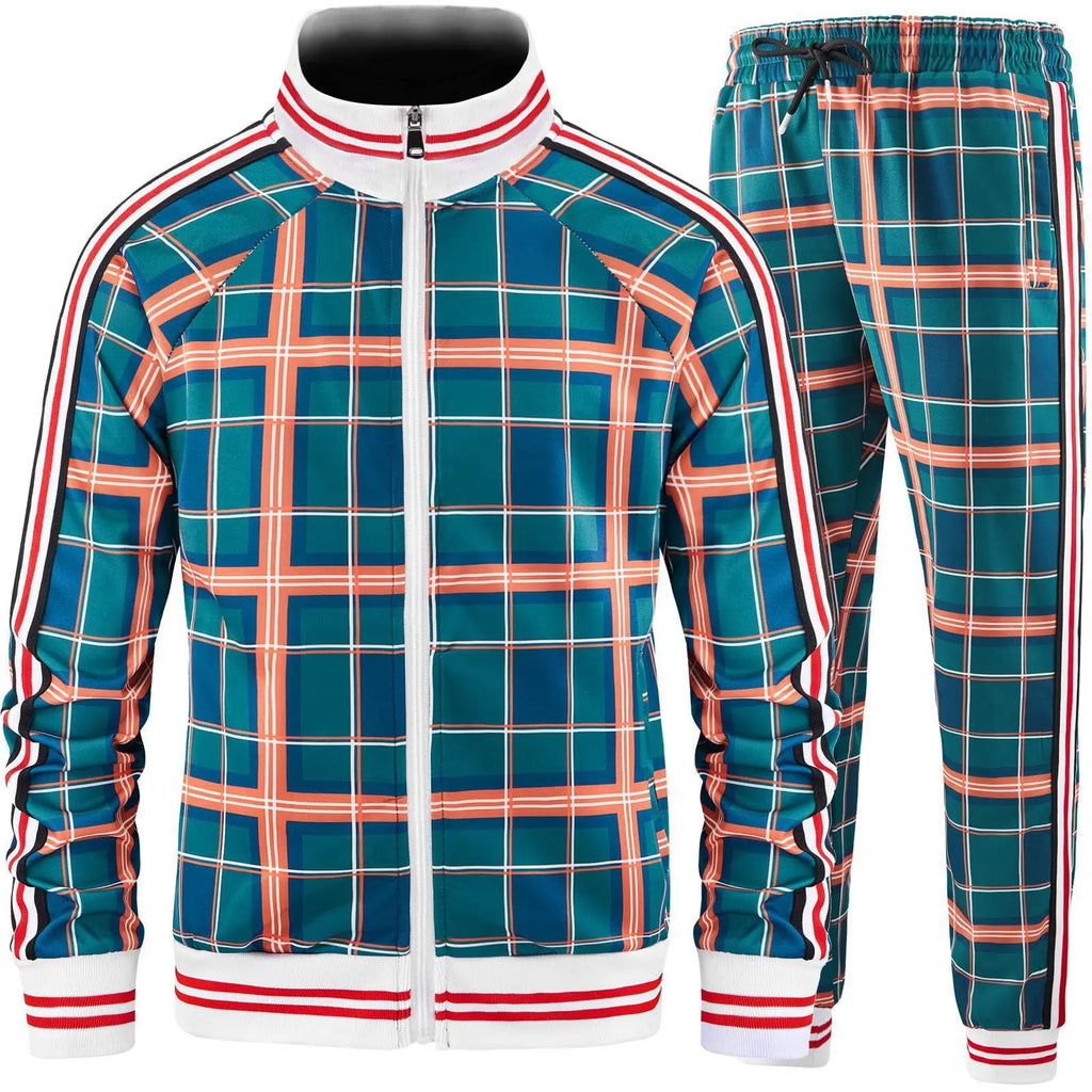 New Spring Autumn Plaid Printed Mens Zipper Jacket Sports Wear Sweatshirt Casual Outdoor Sports Checks Tracksuit Coat+Pant Set