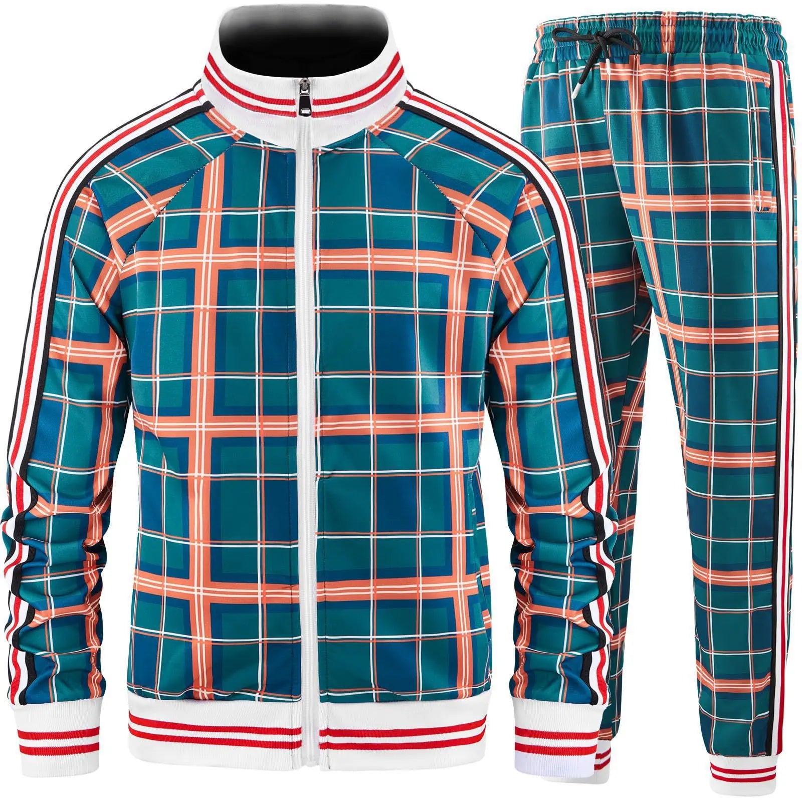 New Spring Autumn Plaid Printed Mens Zipper Jacket Sports Wear Sweatshirt Casual Outdoor Sports Checks Tracksuit Coat+Pant Set