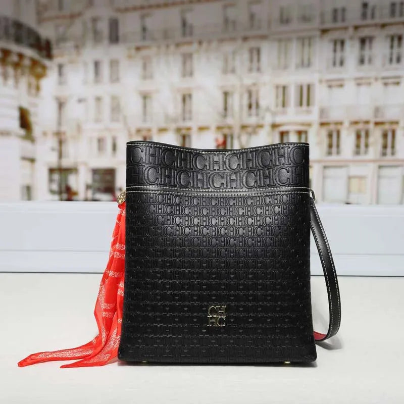 CH Bucket Bag Women Luxury Crossbody Bag Large Capacity Leather Shoulder Handbag With Silk Scarf Vintage Daily Commute Handbags