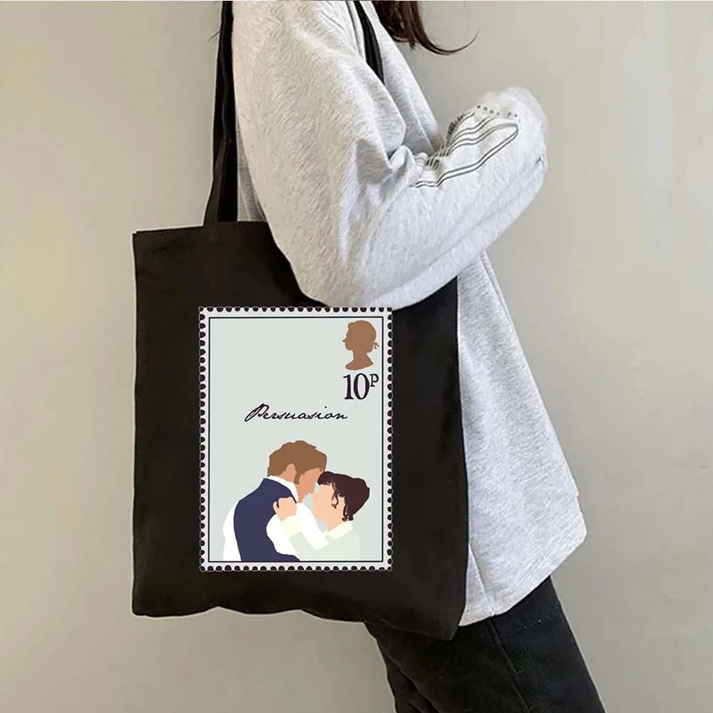 More Pride Less Prejudice Jane Austen Pride Prejudice Elizabeth Darcy Book Bennet Cartoon Shopper Canvas Tote Bag Cotton Handbag