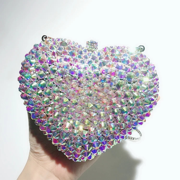 Factory Supply Love Heart Shape Handmade Diamond Chain Crystal Stone Wedding Dinner Portable Diamond Bag