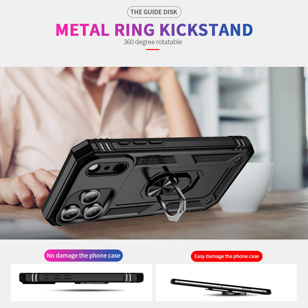 Shockproof Armor Phone Case For iPhone 17 16 15 14 13 12 11 Pro Max Plus Mini 16e 17e Air Metal Ring Holder Anti-drop Cover