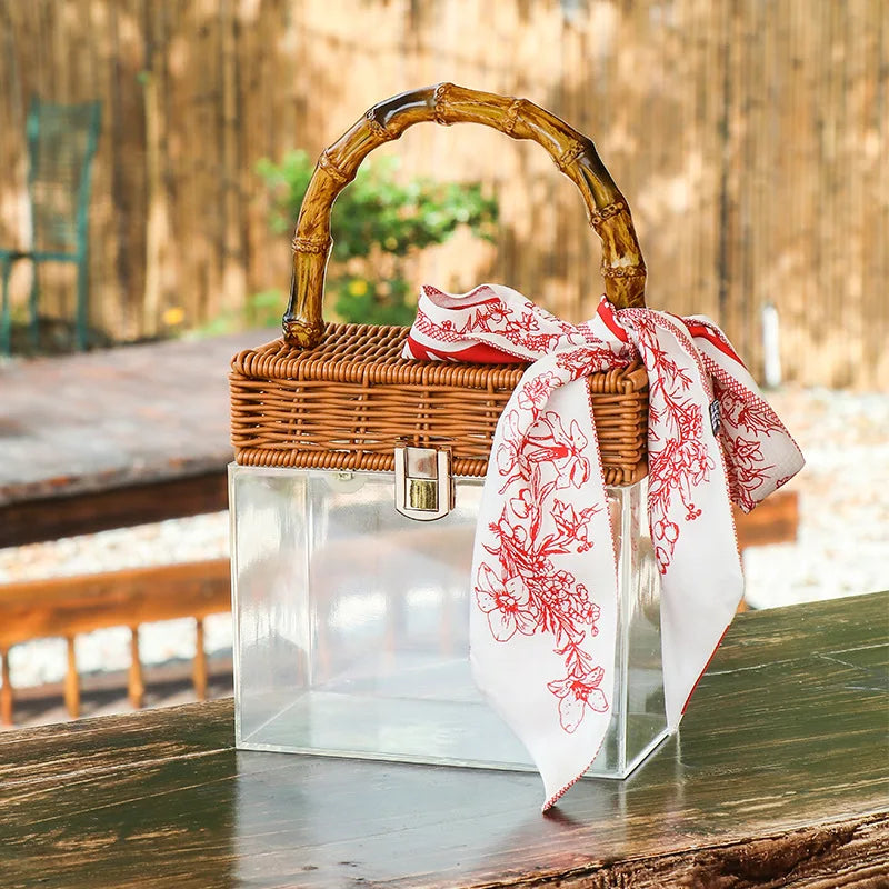 BEACH Summer Transparent Acrylic Box Printing Square Bag Bamboo Woven Handmade handle Gift Box Handbag Women Holiday Vacation