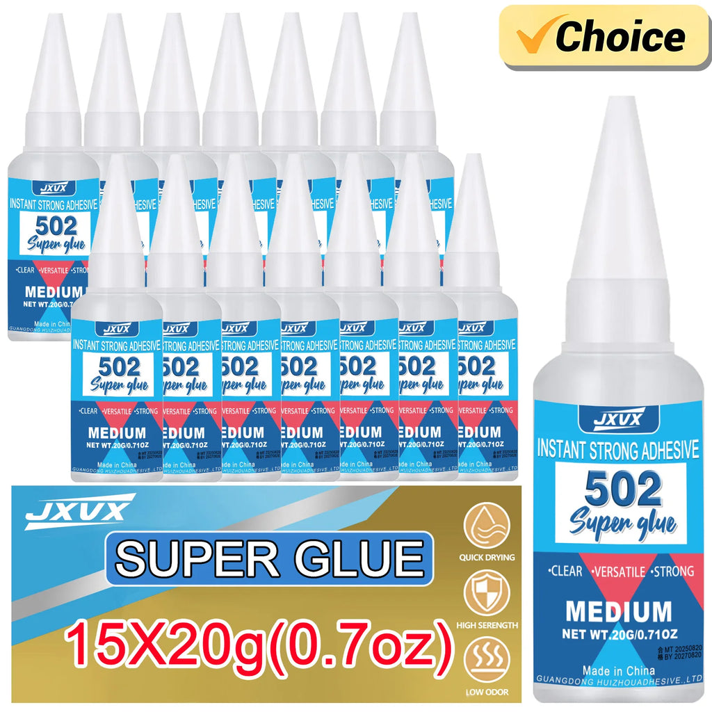 JXVX 1-15 PCs Super glue 502 High Strength Quick-drying Cyanoacrylate Transparent  Waterproof Adhesive for leather, rubber, wood, Metal High Strength Liquid glue Tool With Precision Distributor 0.7oz.