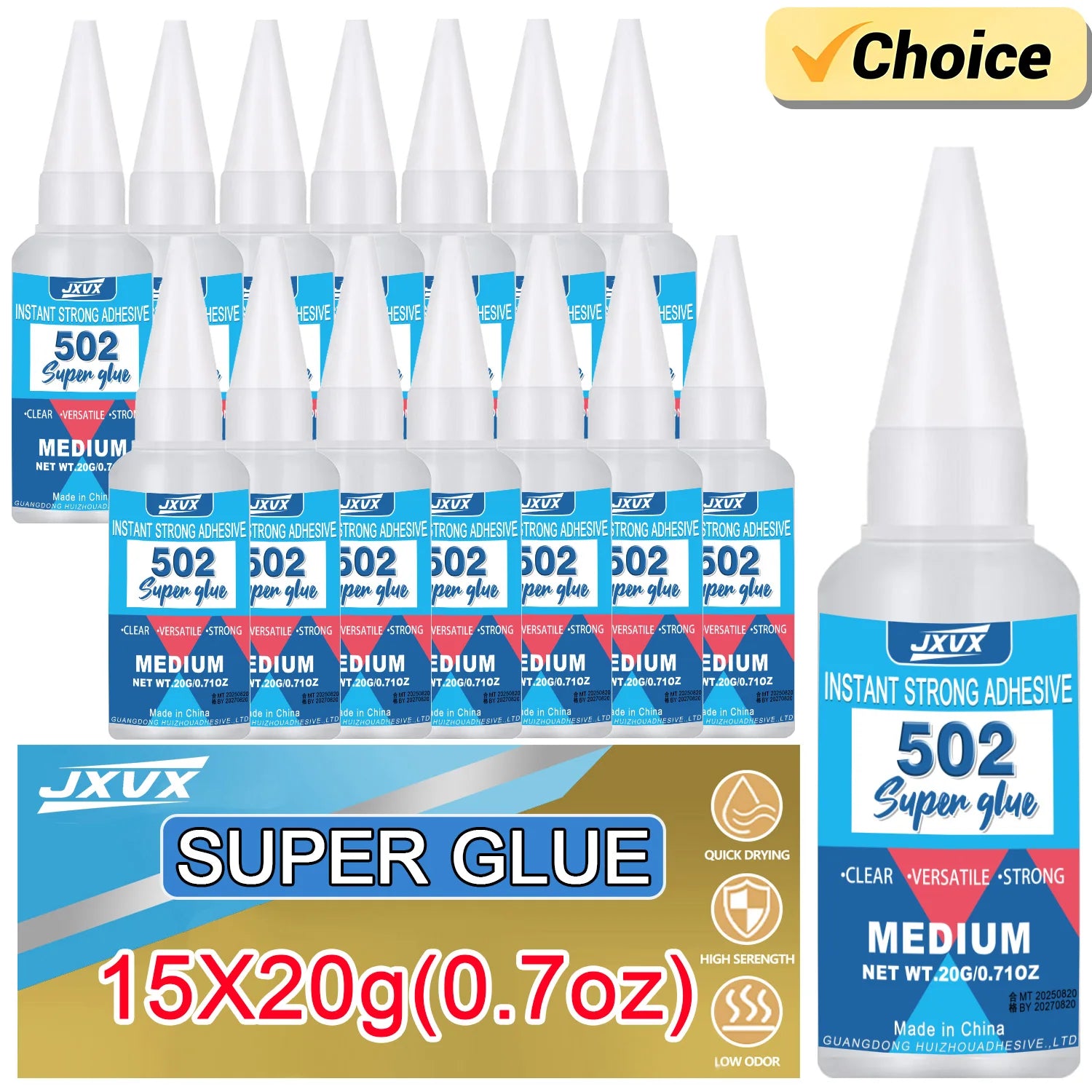 JXVX 1-15 PCs Super glue 502 High Strength Quick-drying Cyanoacrylate Transparent  Waterproof Adhesive for leather, rubber, wood, Metal High Strength Liquid glue Tool With Precision Distributor 0.7oz.