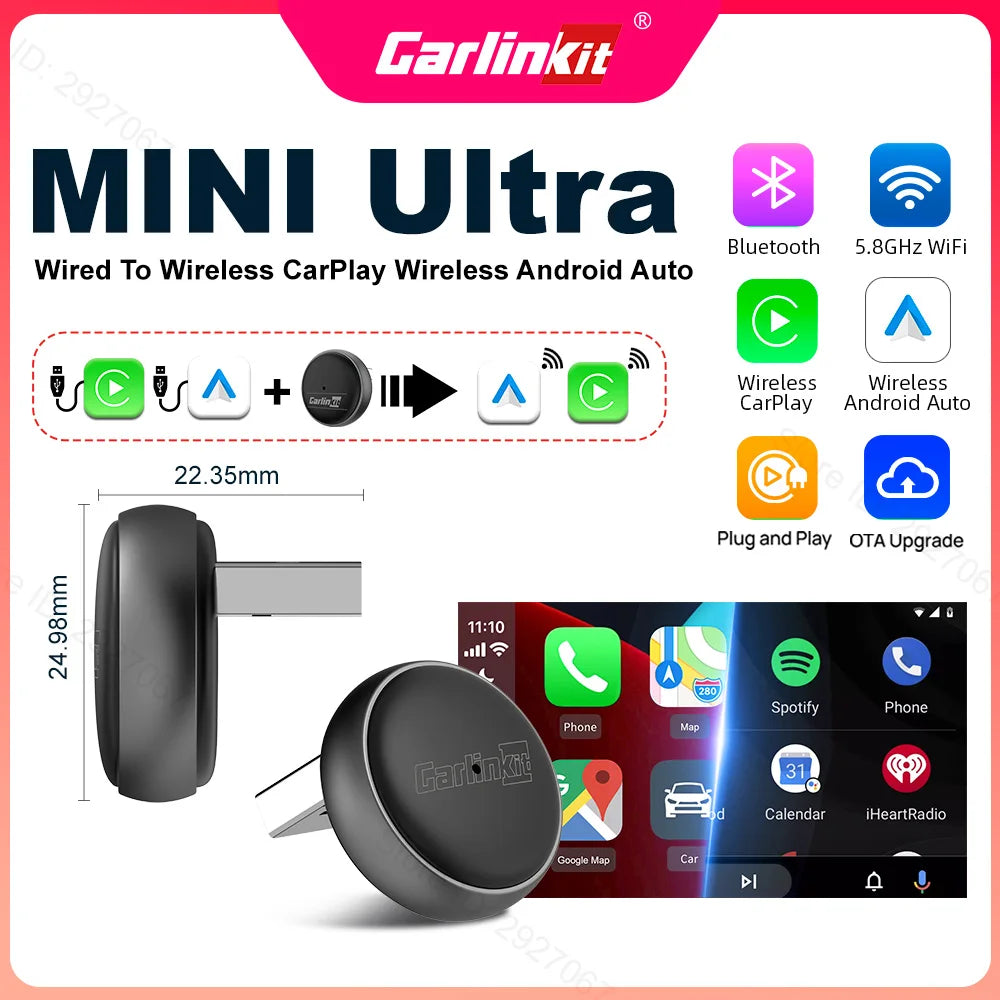 CarlinKit Mini Ultra 3 Carplay Adapter Wireless Bluetooth Dongle Android Auto 5G Hz WiFi Auto Connect for Toyota Mazda Kia Volvo