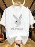 【WDS01152】Rabbit print plus size women's round neck T-shirt summer casual street fashion women's Joker short sleeve T-shirt