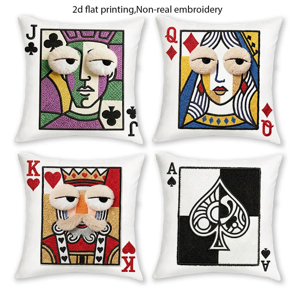 Quirky Game Room Style Pillow Covers, Playing Card Jack Queen King Ace with Plush Face Print Cushion Cases, Cozy Home Decor