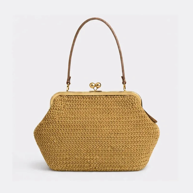New Fashion Large Striped Clip Shell Clucth Bag for Women Designer PP Straw Handbags Luxury Summer Beach Woven Bags Vacation