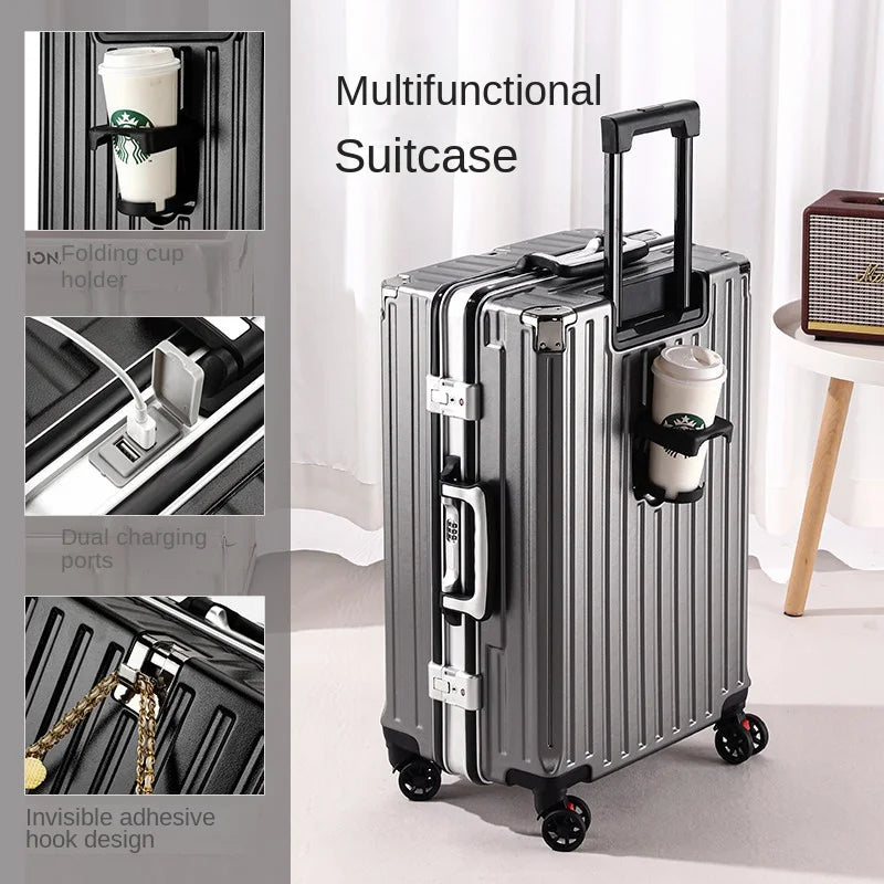 Trolley Luggage 20 26 30" Aluminium-framed Suitcase with Silent Wheels Unisex High-capacity Rolling Luggage Password Suitcase