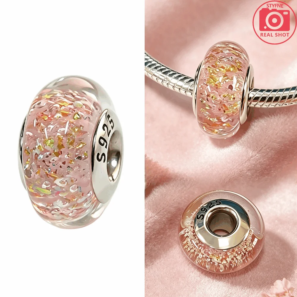 Silver-Plated Red White Stripe Glass Charms Beads Fit Original Bracelet Bag Keychain Charms Beads Pendant Diy Women Jewelry Gift
