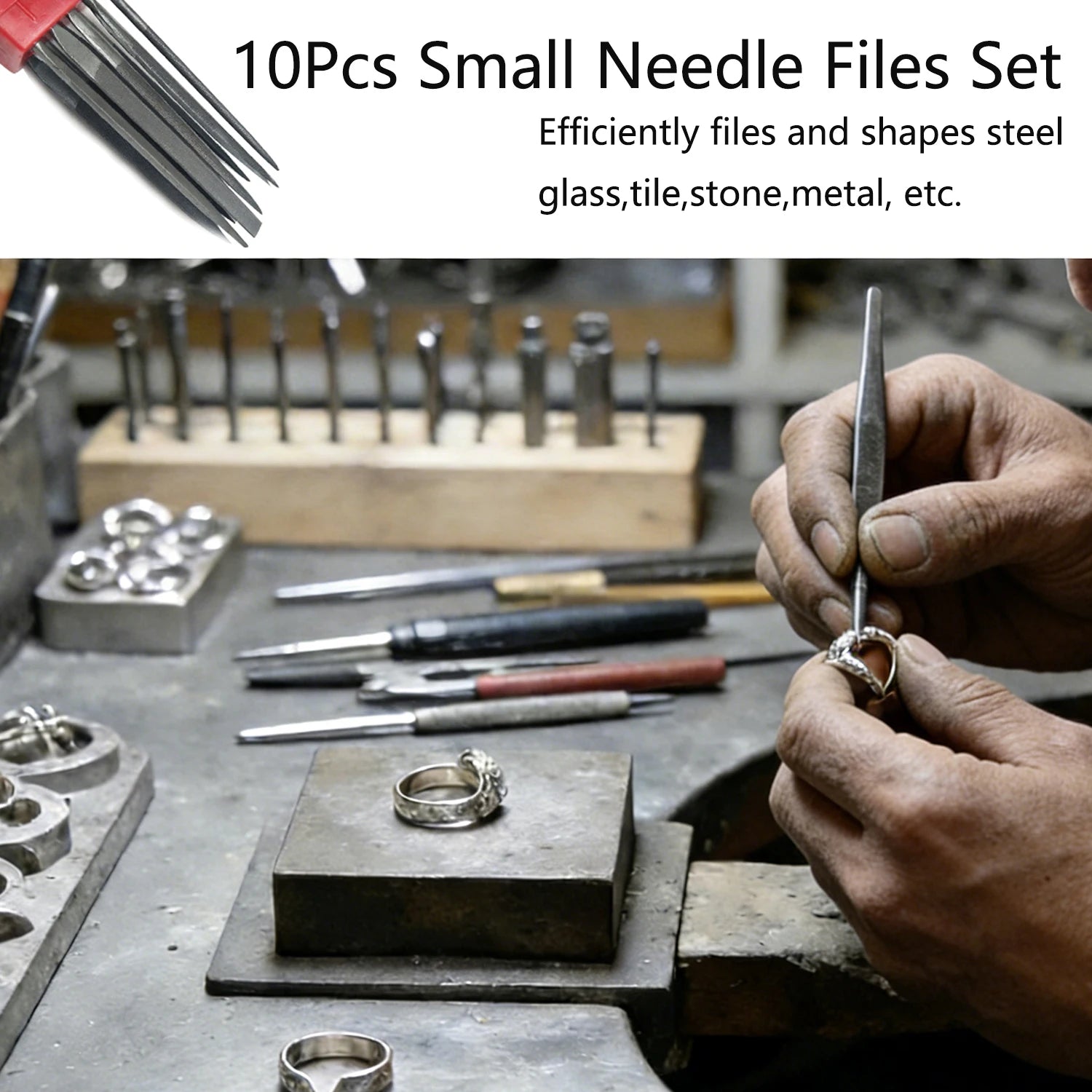 10Pcs Precision Needle File Kit 140mm, Assorted Shapes Mini Files for Metal/Wood/Plastic Detailing, Ergonomic Steel Handle