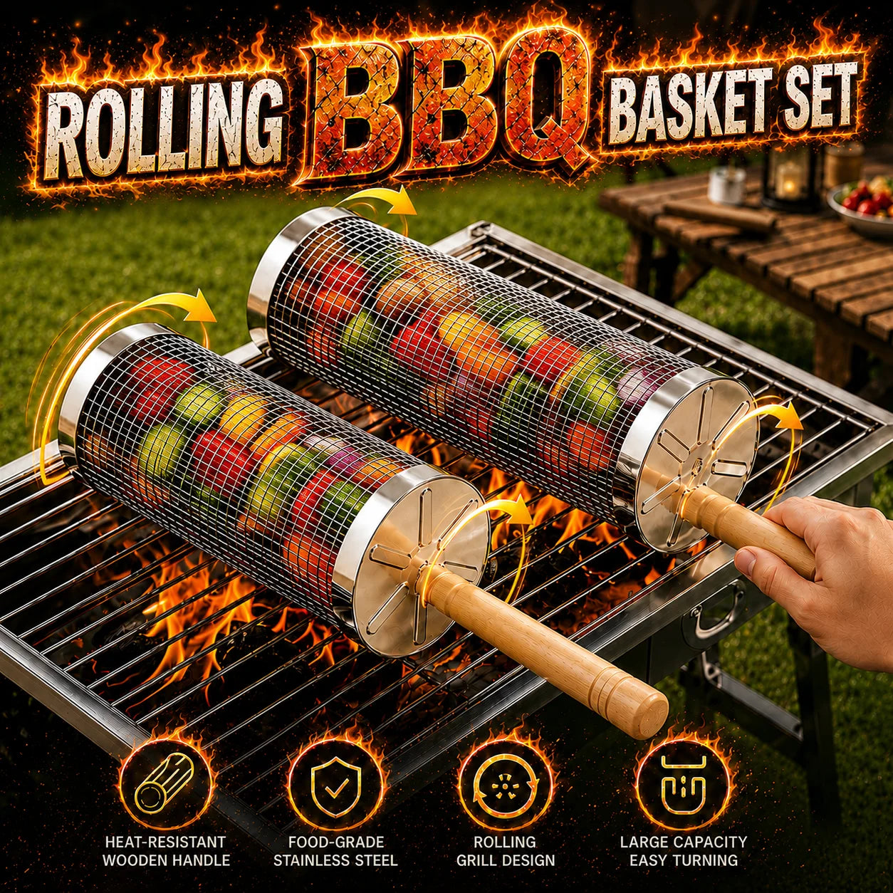 4/6/8 Pack Stainless Steel Rolling Grilling Basket Set Wooden Handle Outdoor Camping BBQ Vegetable Meat Grilling Accessories