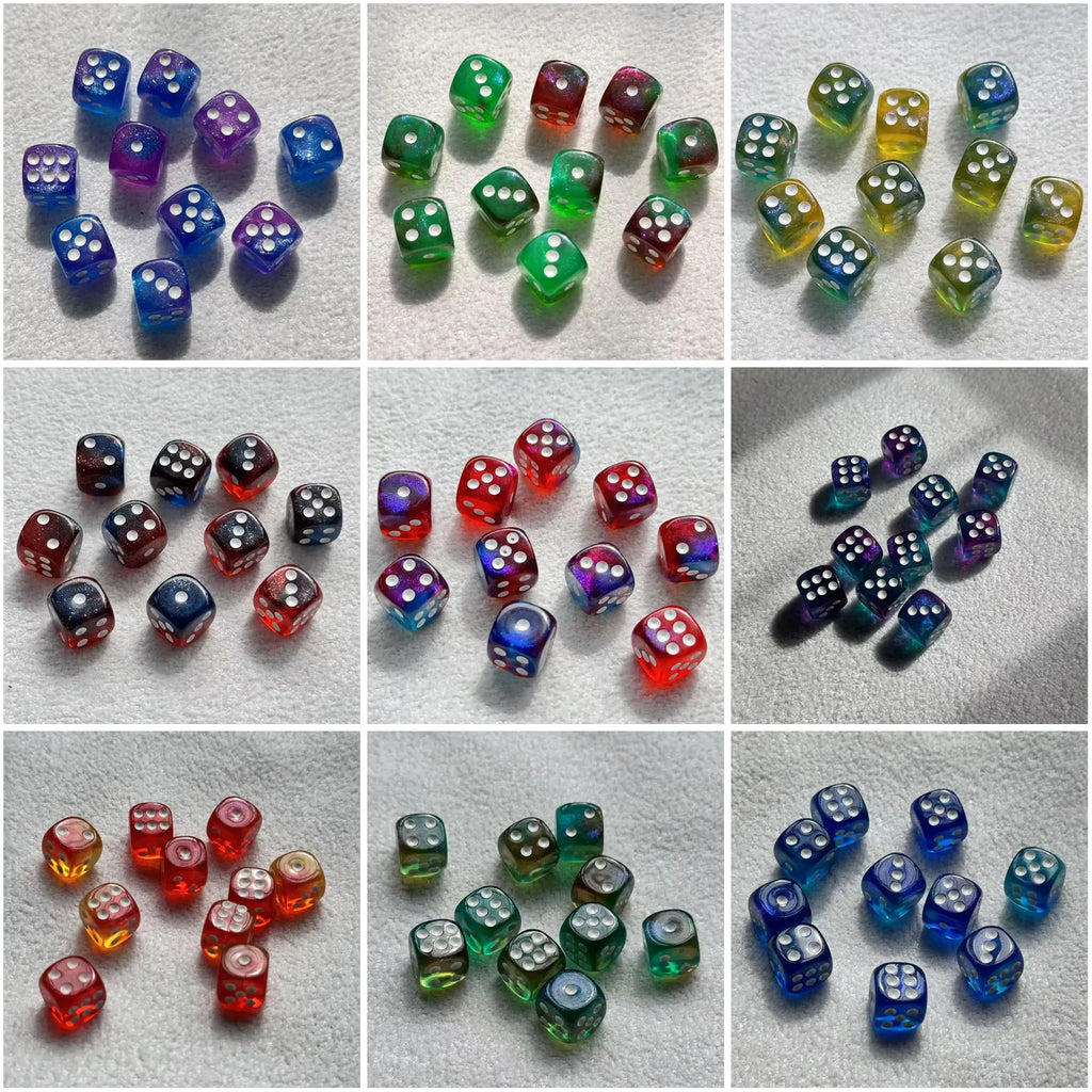 10pcs/Set 12mm Transparent Color With Glitter Texture Dice for Casino Tabletop Games Sparkling Resin Role-Playing Accessories