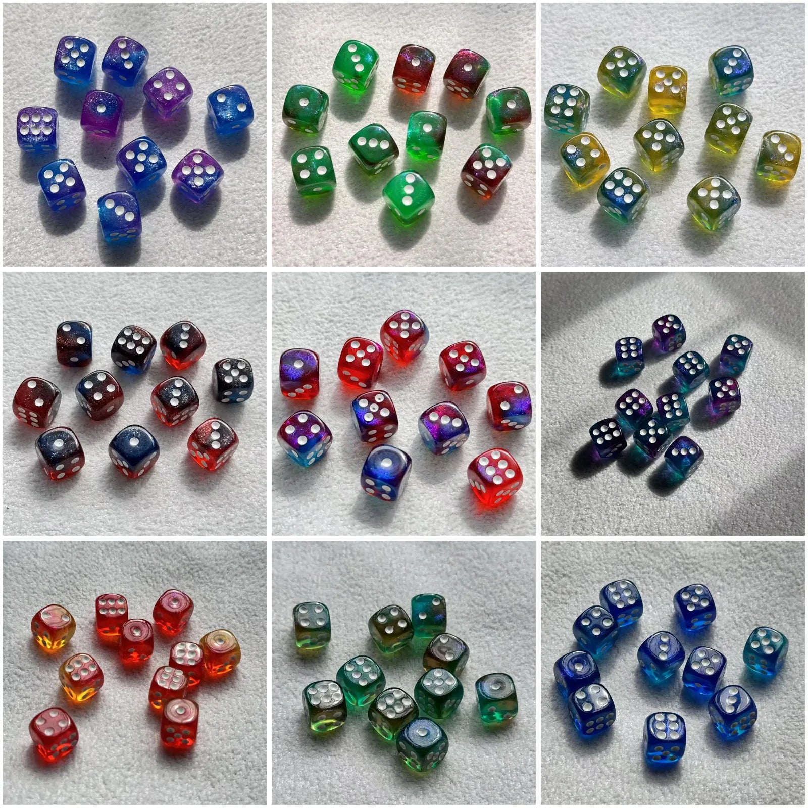 10pcs/Set 12mm Transparent Color With Glitter Texture Dice for Casino Tabletop Games Sparkling Resin Role-Playing Accessories