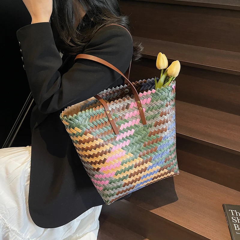 MOODS Braided Bucket Tote Bags For Women PVC Woven Design Colorful Fruit Basket Bag Big Capcity Shopper Tote 2025 Latest Handbag