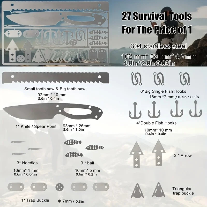 6pcs Multifunctional Fishing Tool Card Kit with Fishing Line for Outdoor Survival